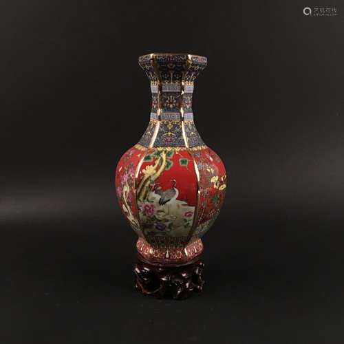 Chinese Famille Hexagon 'Red-crowned Crane' Vase