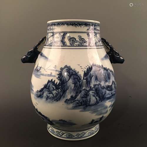 Chinese Blue-White 'Landscape' Deer-Head Handle Jar,