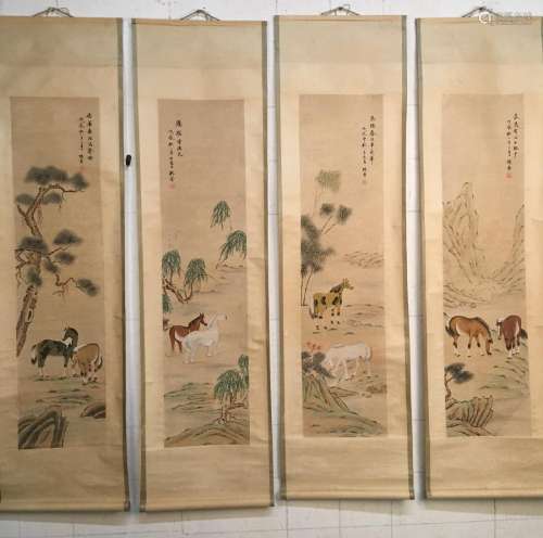 4 Pieces of Chinese Hanging Scroll of Horses, Yang Jin