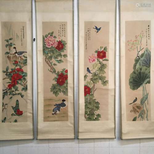 4 Pieces of Chinese Hanging Scroll of 'Birds & Flowers'