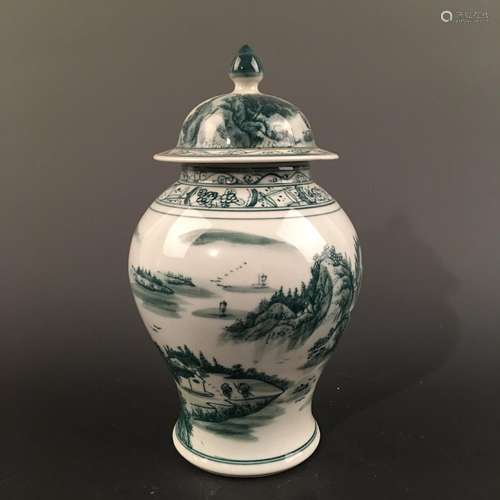 Chinese Green Glazed 'Landscape' Vase and a Cover,