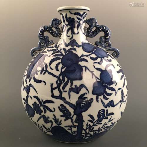 Chinese Blue-White 'Peach' Moon Flask Vase