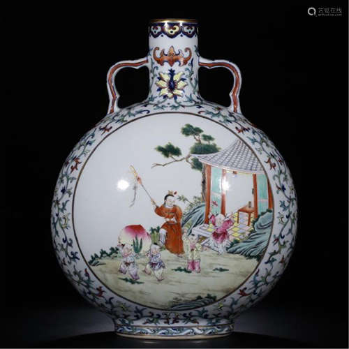 CHINESE PORCELAIN FAMILLE ROSE BOY PLAYING MOONFLASK VASE