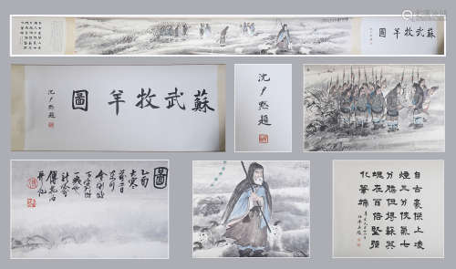 CHINESE HAND SCROLL PAINTING OF FIGURES IN SNOW FILED WITH CALLIGRAPAHY
