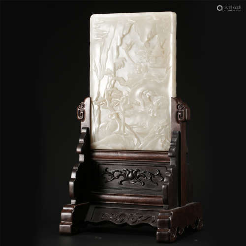CHINESE WHITE JADE PLAQUE ROSEWOOD TABLE SCREEN