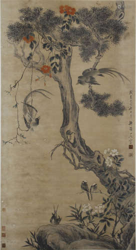 CHINESE SCROLL PAINTING OF BIRDS IN PINE TREE