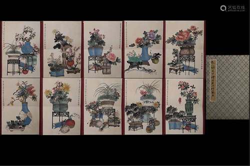 TEN PAGES OF CHINESE ALBUM PAINTING OF FLOWER IN VASE