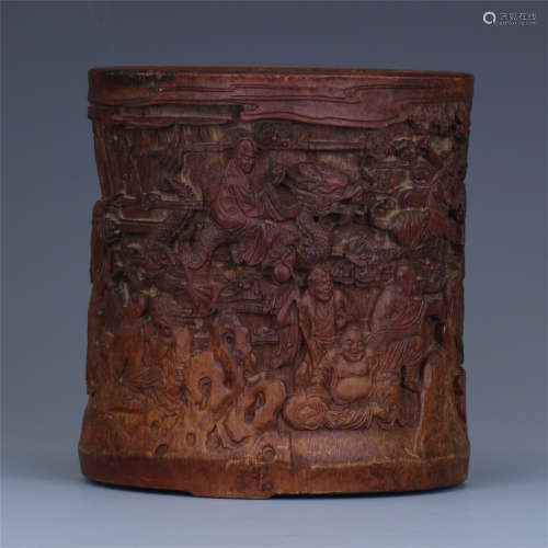 CHINESE BAMBOO CARVED LOHAN BRUSH POT