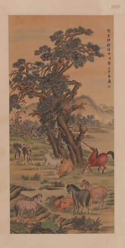 CHINESE SCROLL PAINTING OF HORSES UNDER TREE