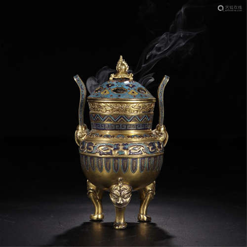 CHINESE CLOISONNE TRIPLE FEET LIDDED CENSER