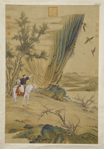 CHINESE SCROLL PAINTING OF HUNTING IN MOUNTAIN