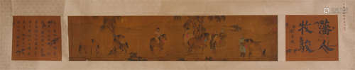 CHINESE HAND SCROLL PAINTING OF HORSE AND MEN WITH CALLIGRAPHY