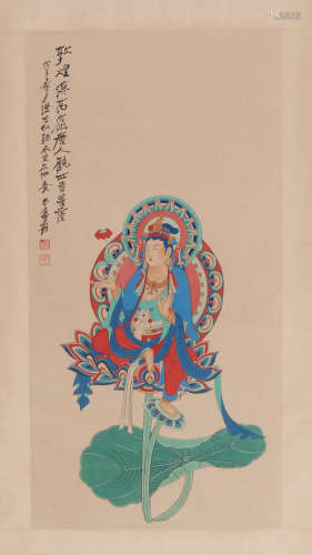 CHINESE SCROLL PAINTING OF GUANYIN ON LOTUS