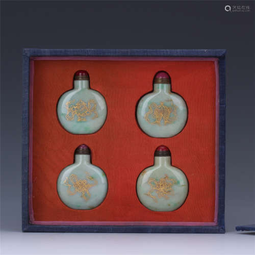 FOUR CHINESE GOLD PAINTED JADEITE SNUFF BOTTLES