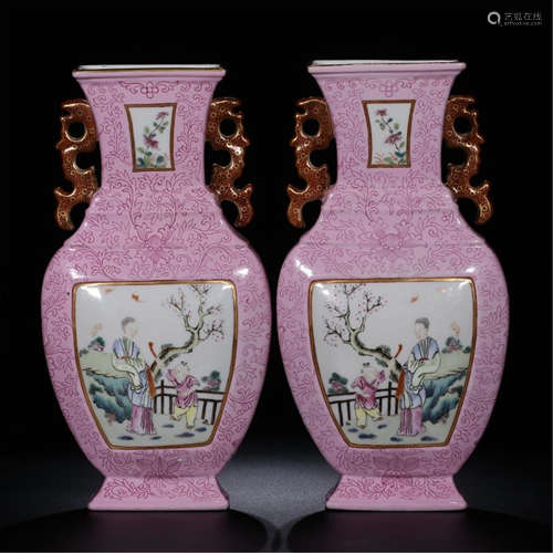 PAIR OF CHINESE PORCELAIN FAMILLE ROSE FIGURE SQUARE VASES