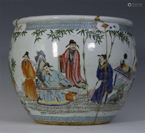 CHINESE PORCELAIN FAMILLE ROSE FIGURE IN BAMBOO FISH BOWL