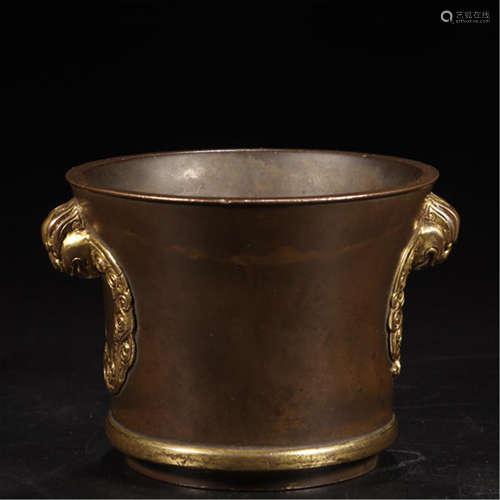 CHINESE PARTLY GILT DRAGON HANDLE CENSER