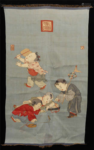 CHINESE KESI EMBROIDERY BOY PLAYING TAPESTRY