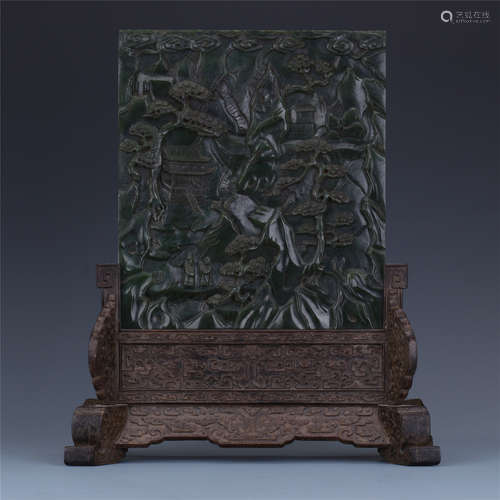 CHINESE SPINACH JADE PLAQUE HARDWOOD ZITAN TABLE SCREEN