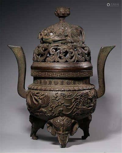 CHINESE BRONZE LIDDED TRIPLE ELEPHANT FEET CENSER