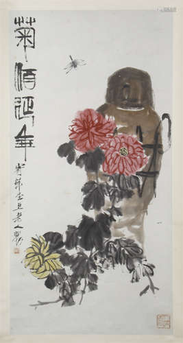 CHINESE SCROLL PAINTING OF DRAGONFLY AND FLOWER