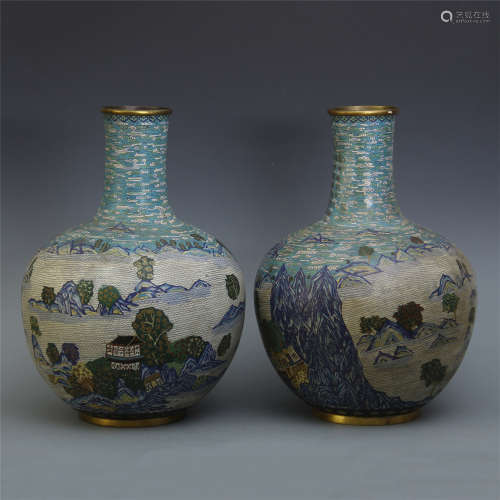 PAIR OF CHINESE CLOISONNE MOUNTAIN VIEWS TIANQIU VASES