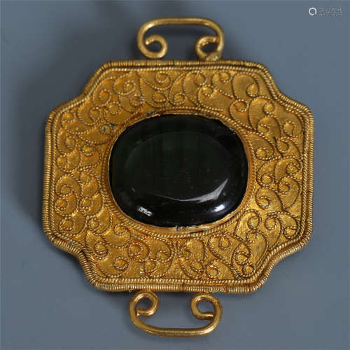 CHINESE RUBY INLAID GILT SILVER PLAQUE