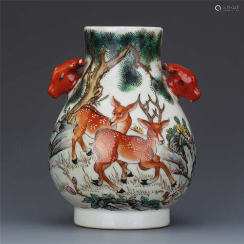 CHINESE PORCELAIN FAMILLE ROSE DEER ZUN VASE