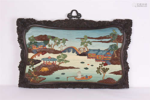 CHINESE GEM STONE INLAID LACQUERED ROSEWOOD WALL PLAQUE