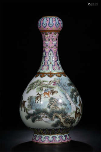 CHINESE PORCELAIN FAMILE ROSE CRANE DEER VASE