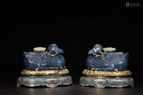 PAIR OF CHINESE LAPIS DUCK SHAPED INCENSE CENSER ON CLOISONNE BASE