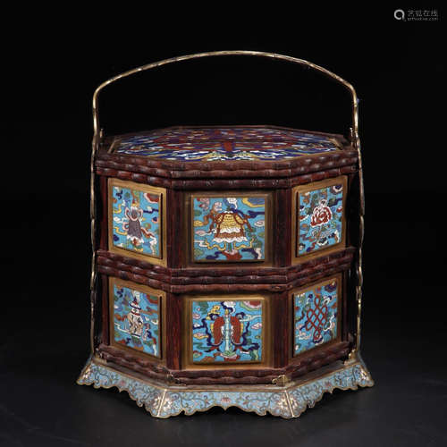 CHINESE CLOISONNE ROSEWOOD LONG HANDLE LUNCH BOX