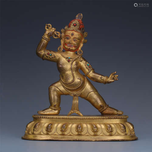 TIBETAN GILT BRONZE STANDING GUARDIAN