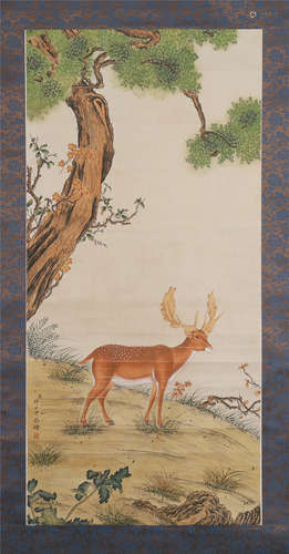 CHINESE SCROLL PAINTING OF DEER UNDER PINE