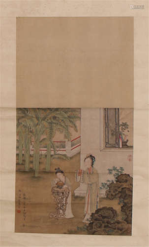 CHINESE SCROLL PAINTING OF BEAUTY IN GARDEN