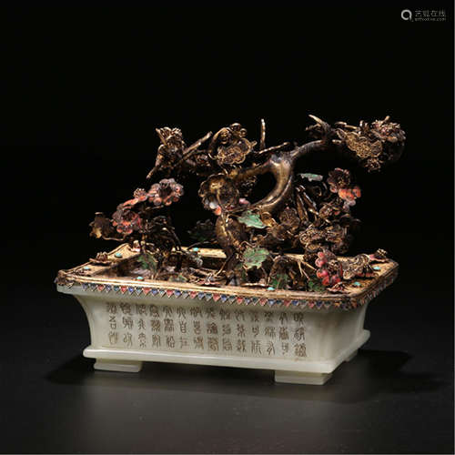 CHINESE ENAMEL GILT SILVER FLOWER IN JADE BASIN