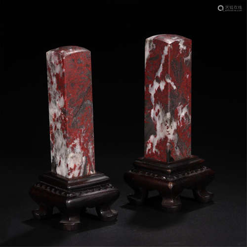 TWO CHINESE CHICKEN BLOOD STONE SEALS