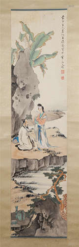 CHINESE SCROLL PAINTING OF FIGURES IN MOUNTAIN