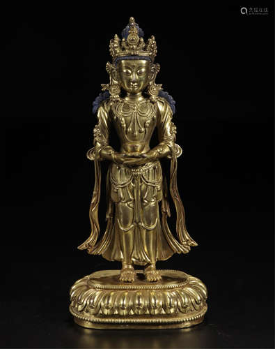 CHINESE GILT BRONZE STANDING GUANYIN