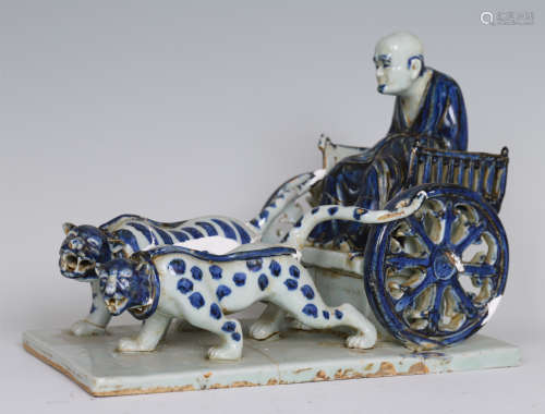 CHINESE PORCELAIN BLUE AND WHITE LOHAN ON CART WITH TIGERS