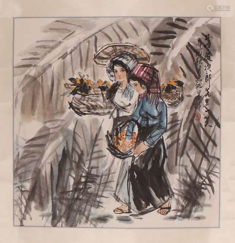 CHINESE SCROLL PAINTING OF BEAUTY UNDER BANANA LEAF