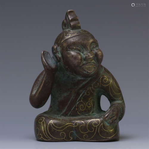 CHINESE GOLD INLAID SILVER SEATED FIGURE