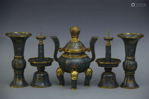 FIVE PIECES OF CHINESE CLOISONNE CENSER CANDLE HOLDERS AND GU VASES