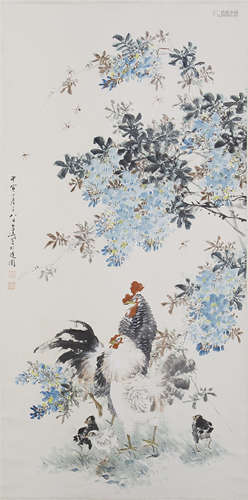 CHINESE SCROLL PAINTING OF ROOSTER AND FLOWER