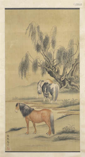 CHINESE SCROLL PAINTING OF HORSES UNDER TREE