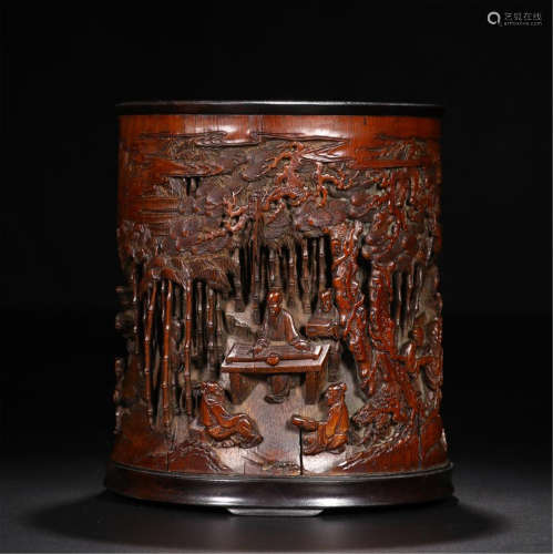 CHINESE BAMBOO CARVE MEN IN BAMBOO BRUSH POT