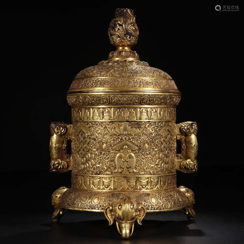 CHINESE GILT BRONZE DRAGON LIDDED CYLINDERIAL CENSER