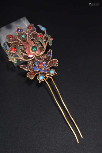 17-19TH CENTURY, A FLORAL DESIGN GILT SILVER HAIRPIN, QING DYNASTY