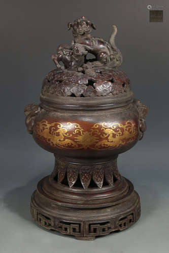 14-16TH CENTURY, A CRANE AND PHOENIX PATTERN BRONZE CENSER, MING DYNASTY