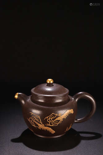 1949-1966, A SHRIMP PATTERN BROWN MUD PURPLE CLAY TEAPOT, FOREIGN EXCHANGE PERIOD